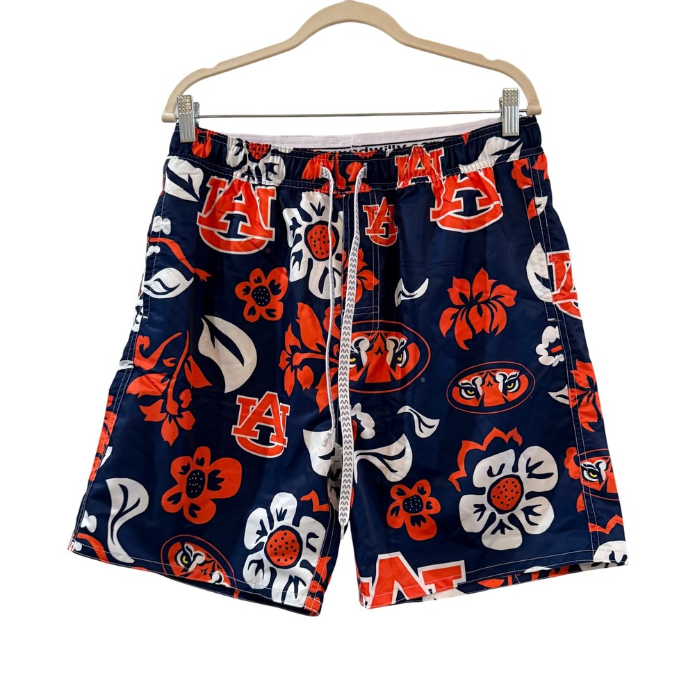 NWOT Wes and Willy Auburn Tigers SEC Swim Trunks Navy Orange Floral Logo Large